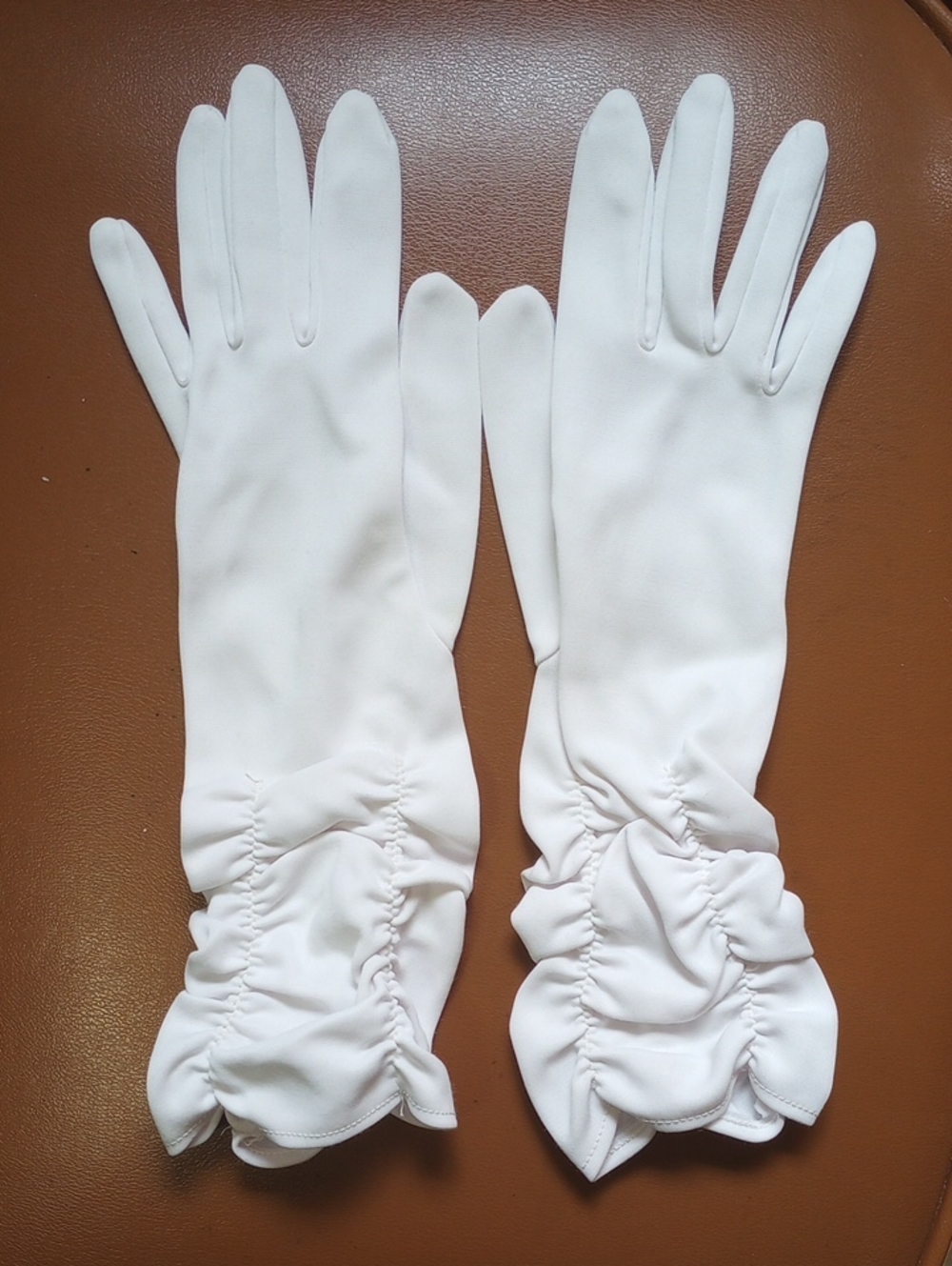 Vintage Neutral White Nylon Formal Dress Prom Gloves w/ Ruching